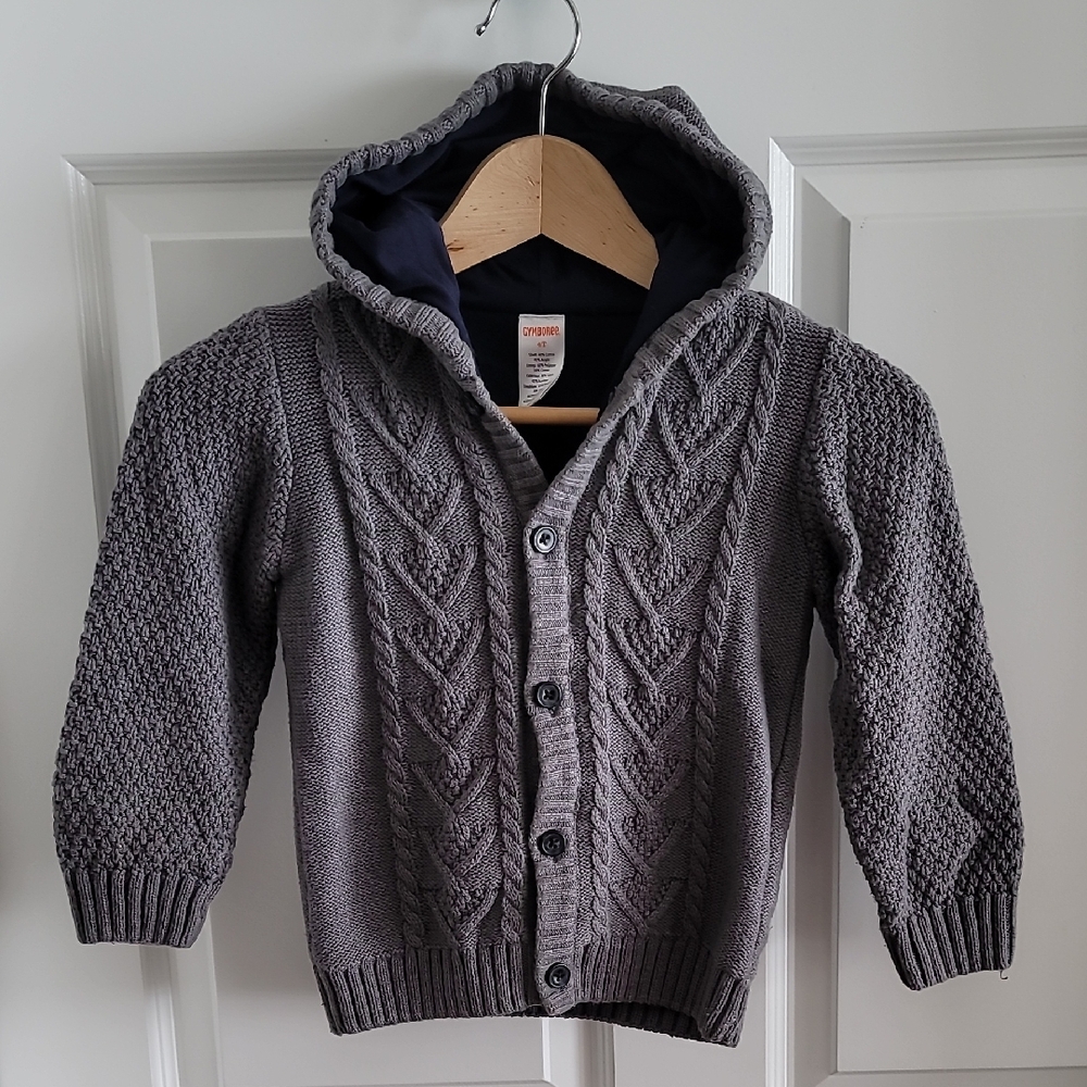GYMBOREE| Gray Hooded Jersey-Lined Cable Knit Sweater | 4T